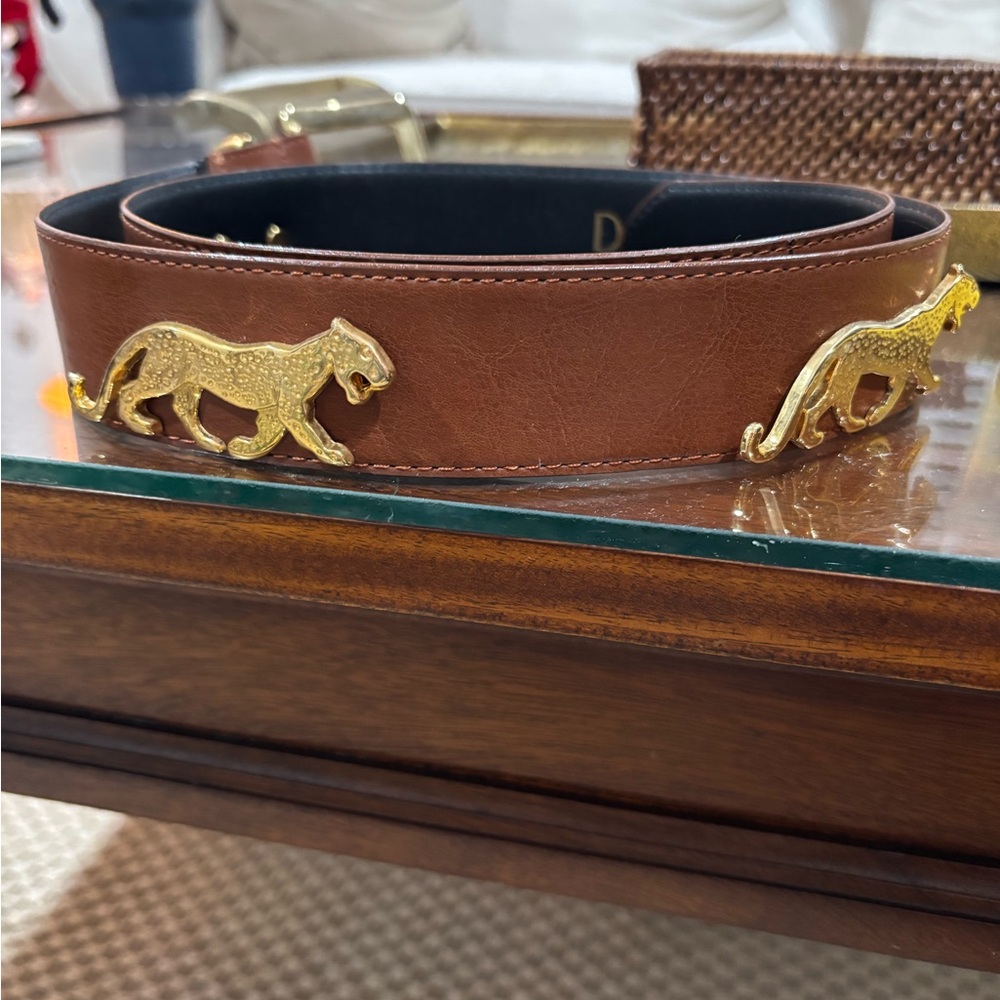 Luxury Brown Leather Belt with Gold Panther Details